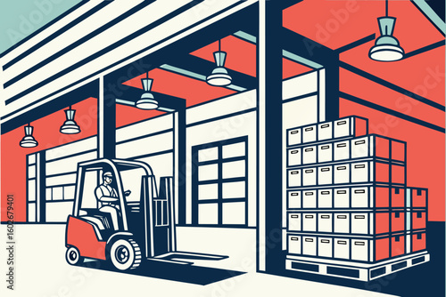 Forklift operator moving boxes inside a warehouse with overhead lights and industrial setting visible