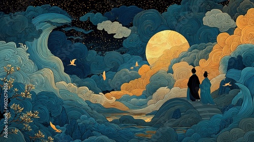 Artistic illustration of Cowherd and Weaver Girl meeting on magpie bridge, ethereal glowing figures surrounded by swirling clouds and stars, traditional Chinese style with modern touches, vibrant colo