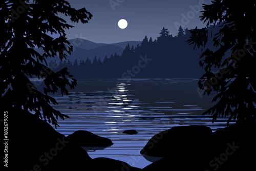 Moonlit Night Over a Calm Lake with Trees and Mountains Silhouette
