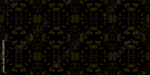 Photography Seamless dark floral pattern with intricate golden botanical motifs on a black background, arranged in a symmetrical, kaleidoscopic design, ideal for luxury textiles or wallpaper