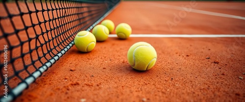 Close-up clay tennis court surface, net, tennis balls, tennis,   graphics