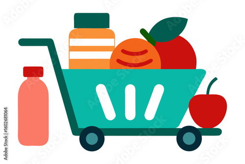 Shopping cart filled with groceries including fruits and a bottle of liquid