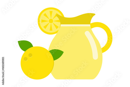Refreshing pitcher of lemonade with a lemon slice and whole lemon
