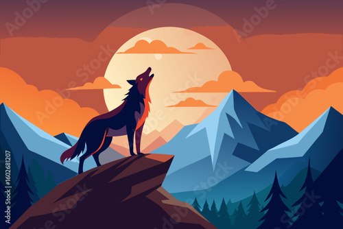 Wolf Howling at the Moon in a Mountain Landscape Illustration