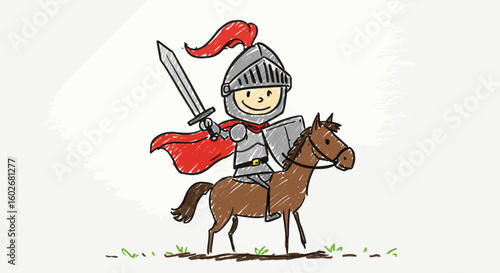 Drawn with thick crayons, A playful hand-drawn illustration of a smiling knight in full armor, riding a horse with a sword aloft. A concept of youthful bravery and medieval fantasy.
