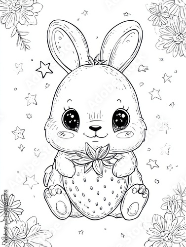 Adorable bunny hugs a giant strawberry on soft grass, ideal for kawaii design, children’s content, spring themes, and playful animal illustrations.
