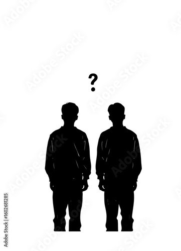 Two Black Silhouette Figures with Question Mark Above on Minimalist Background