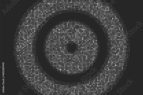 Abstract white semitransparent concentric, hypnotic squared line circle elements isolated on a black background. Halftone ring polygon pattern. Geometric centric vector illustration
