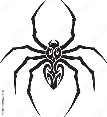 Cultural spider silhouette with intricate leg and body detailing, drawn in a modern tribal style, perfect for stencil or print.