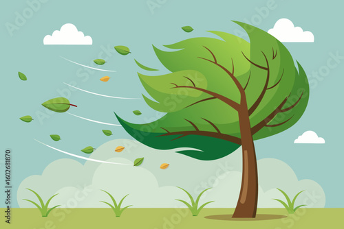 Cartoon image of a tree bending in the wind with leaves blowing