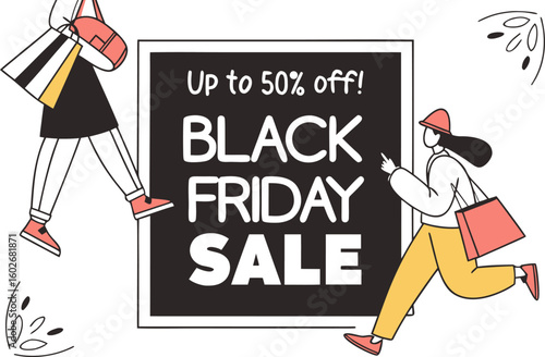 Illustration of black friday sale advertisement with shoppers carrying shopping bags and floral accents