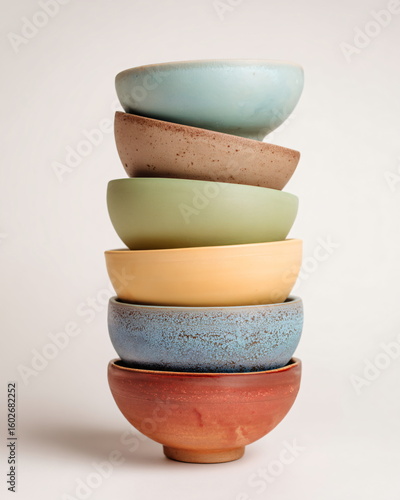stack of colorful ceramic bowls, minimal design, white background