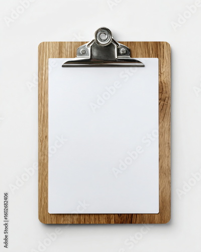 wooden clipboard with blank paper, product shot on white