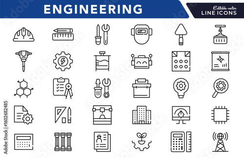 Engineering linear icon set. Tools, gear, construction, work, blueprint, helmet, wrench, factory, robotics, mechanical, industrial, innovation, architecture, vector icon set. UI thin line icon pack