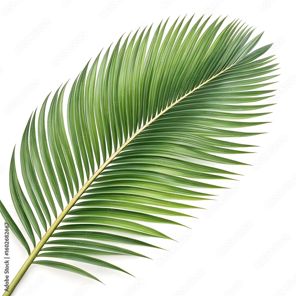 Obraz premium Tropical Cocos nucifera 'Coconut Palm Leaf' with Long, Arching Green Fronds – Iconic Foliage for Beach Decor, Exotic Landscapes, and Lush Botanical Photography