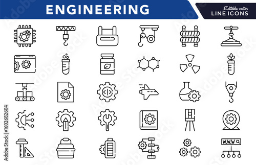 Engineering linear icon set. Tools, gear, construction, work, blueprint, helmet, wrench, factory, robotics, mechanical, industrial, innovation, architecture, vector icon set. UI thin line icon pack