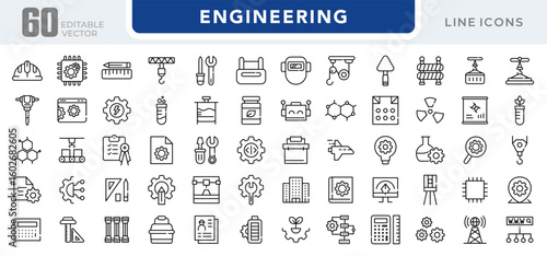 Engineering linear icon set. Tools, gear, construction, work, blueprint, helmet, wrench, factory, robotics, mechanical, industrial, innovation, architecture, vector icon set. UI thin line icon pack