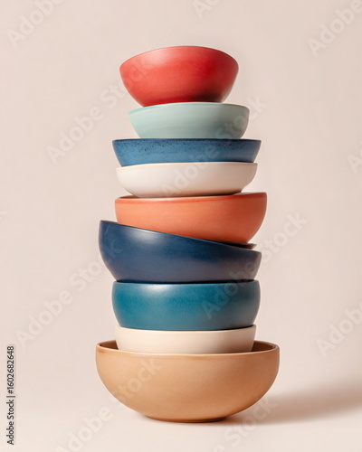 stack of colorful ceramic bowls, minimal design, white background