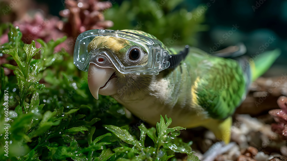 Obraz premium Parakeet in Scuba Gear Swimming in Fish Tank Aquatic Adventure Nature Photography Indoor Environment Close-up View Whimsical Concept