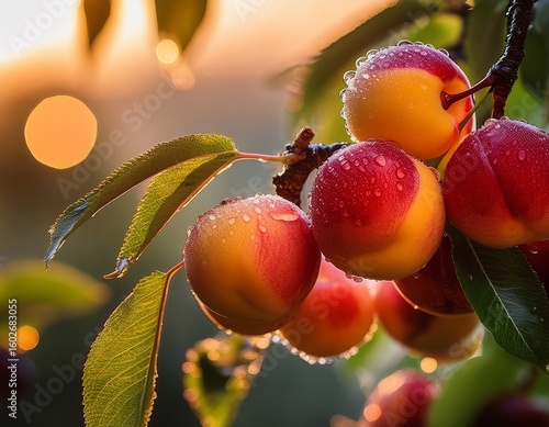 dew kissed stone fruits close up cherries and peaches on a vine in the early morning light