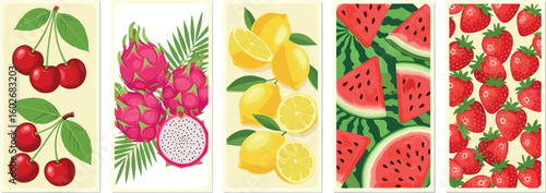 Set of colorful fruit summer poster. Modern print with hand drawn strawberry, lemon, cherry, dragon fruit and watermelon
