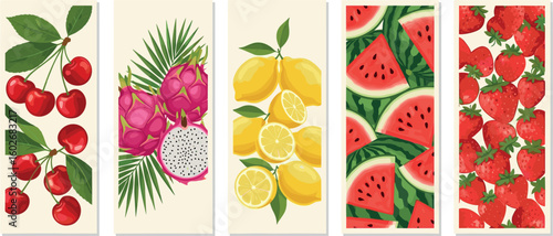 Set of colorful fruit summer poster. Modern print with hand drawn strawberry, lemon, cherry, dragon fruit and watermelon