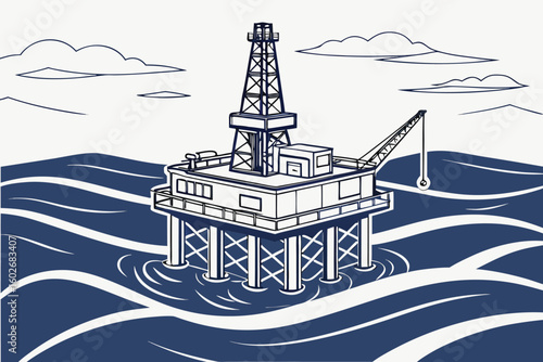 Illustration of an offshore oil rig platform with a derrick in the ocean under a cloudy sky drawing