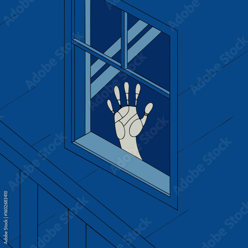 Illustration of a ghostly handprint on a window pane against a dark blue background