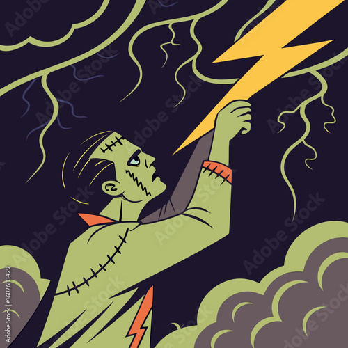 Illustration of Frankenstein's monster reaching for a lightning bolt against a stormy background