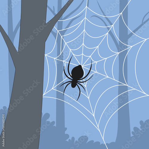 Illustration of a spider spinning a web in a forest setting with a blue background
