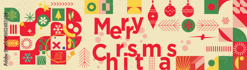 Merry Christmas Vibrant Abstract Geometric Pattern with Modern Typography  Colorful Festive Ornaments and Snowflakes Holiday Greeting Background Design