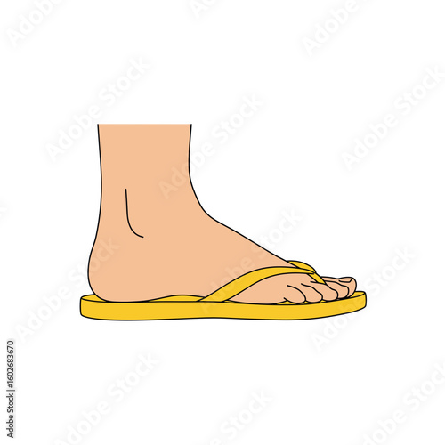 Human foot wearing yellow flip-flop ontransparent background  