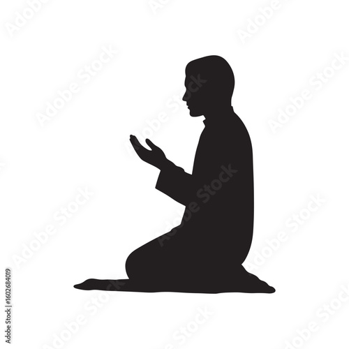 Silhouette icon of a traditionally clothed muslim man performing salah on a prayer rug in front of a mosque