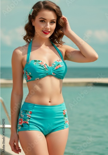 Woman in Teal Floral High-Waisted Bikini at the Poolside