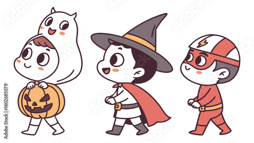 Illustration of three children in halloween costumes including ghost pumpkin witch and superhero attire walking