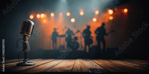Retro Microphone on Wooden Stage with Rock Band Performing
 