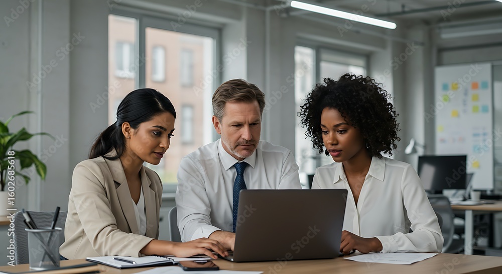 Diverse businesspeople are smiling and talking around a table in an office, collaborating on laptops during a professional team meeting Diverse businesspeople are smiling and talking around a table in an office, collaborating on laptops during a professional team meeting