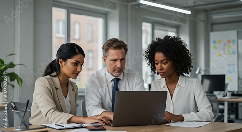 Diverse businesspeople are smiling and talking around a table in an office, collaborating on laptops during a professional team meeting