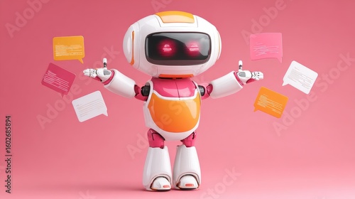 AI-driven digital assistant symbol with floating speech icons and chatbot layout