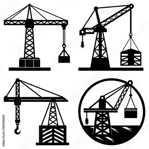Four black and white crane silhouettes lifting loads in different styles and compositions shown together