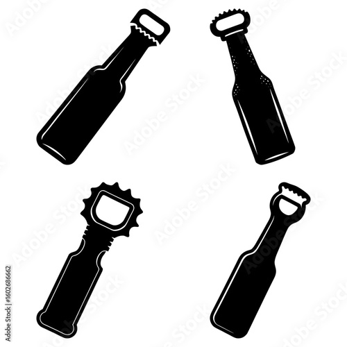 Four black and white bottle openers in varying styles and orientations on a white background design view