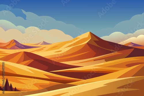 Stylized desert landscape with sand dunes and a blue sky illustration
