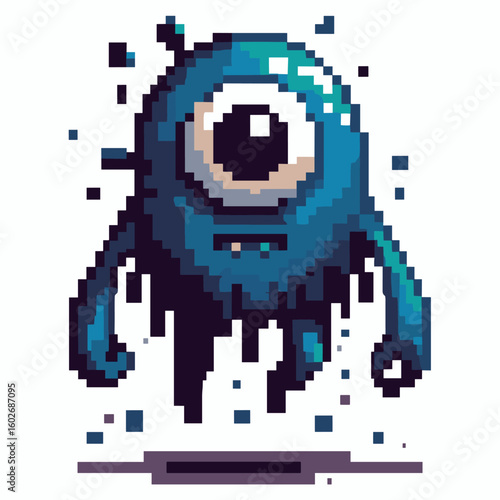 Dark blue pixel art monster with a single eye.	