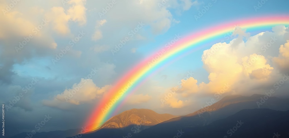 Fototapeta premium Vibrant rainbow arching across a colorful vector sky background, colorful sky, pattern