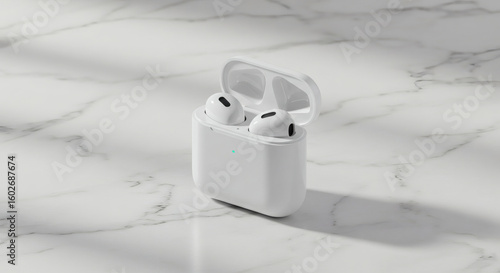 A close-up shot of white wireless earbuds inside their charging case, open on a marble surface.