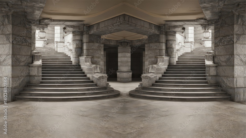 Obraz premium Grand stone staircase ascending in a stately interior.