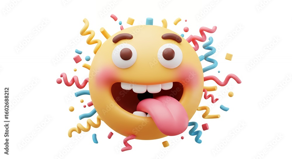 Fototapeta premium Cheerful 3 d emoji face with streamers