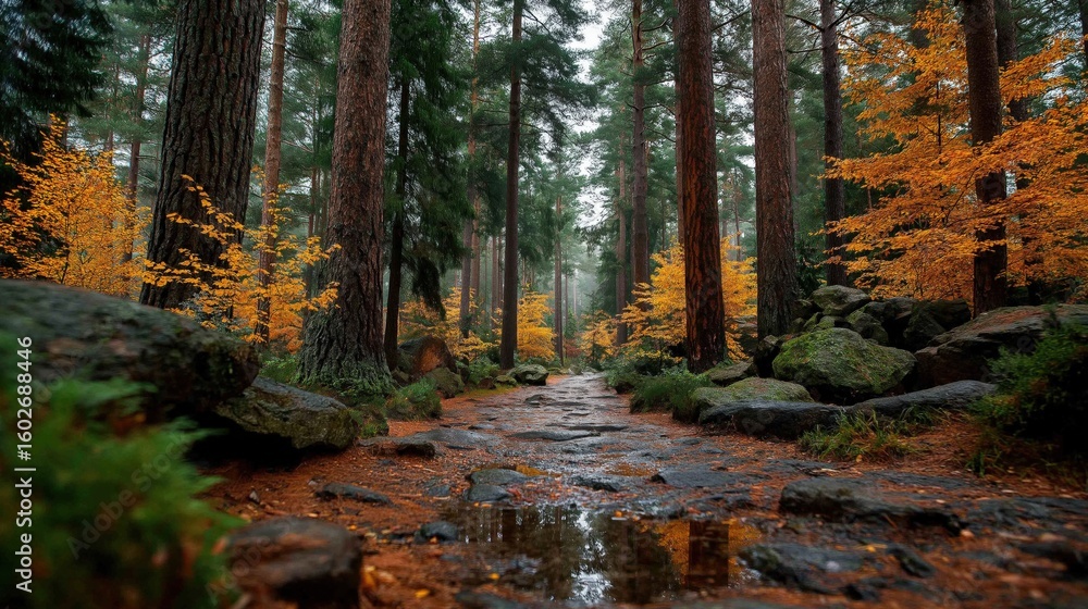 Fototapeta premium A wet path through a beautiful autumn forest with colorful orange and yellow trees.