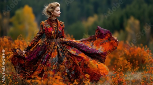 Elegant woman in a flowing orange and red floral dress walking in an autumn field.