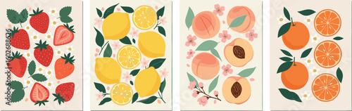 Collection of abstract fruit poster. Contemporary art print with hand drawn strawberry, lemon, peach and orange. 